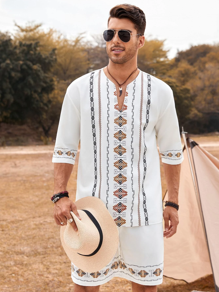 4 - Manfinity RSRT Camisa E Shorts Geométricos De Gola Notch Solta Para Homens