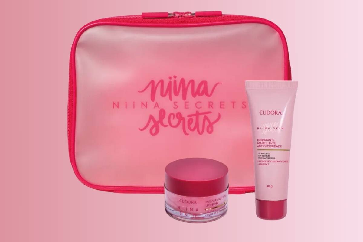 Combo Niina Secrets_ Hidratante Matificante Antioleosidade 40g + Máscara Labial Noturna Lip Repair 9g + Nécessaire Pink