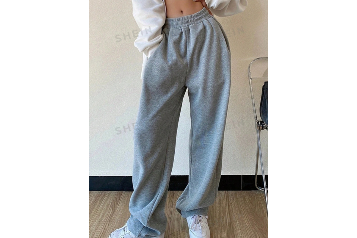 SHEIN LUNE Sólido Cintura Elástica Bolso Inclinado Calças De Treino