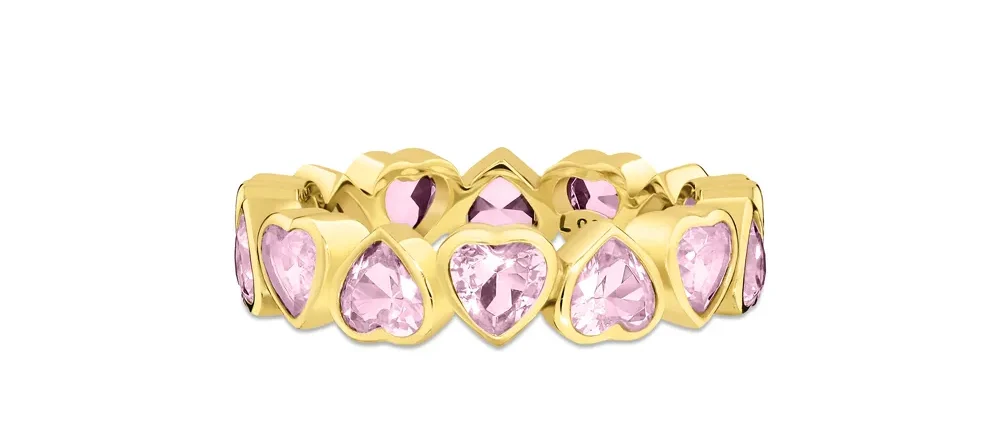 Anel Life Cora Corações Prata Banho Ouro Amarelo Cristal Rosa