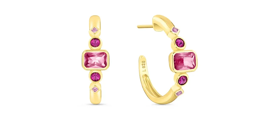 Argola Life Cora Prata Banho Ouro Amarelo Cristal Rosa