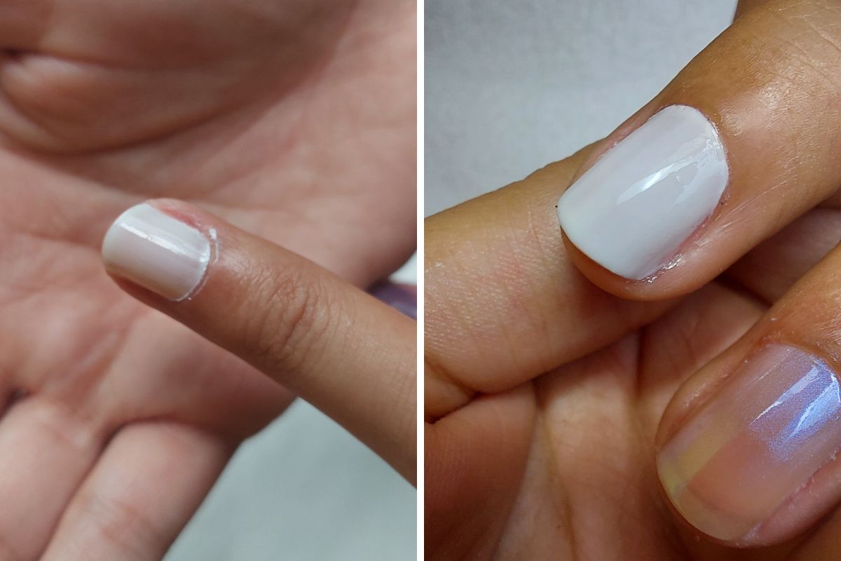 Esmalte Branco Alehandra de Beleza Expressa, com 1 e 2 camadas.