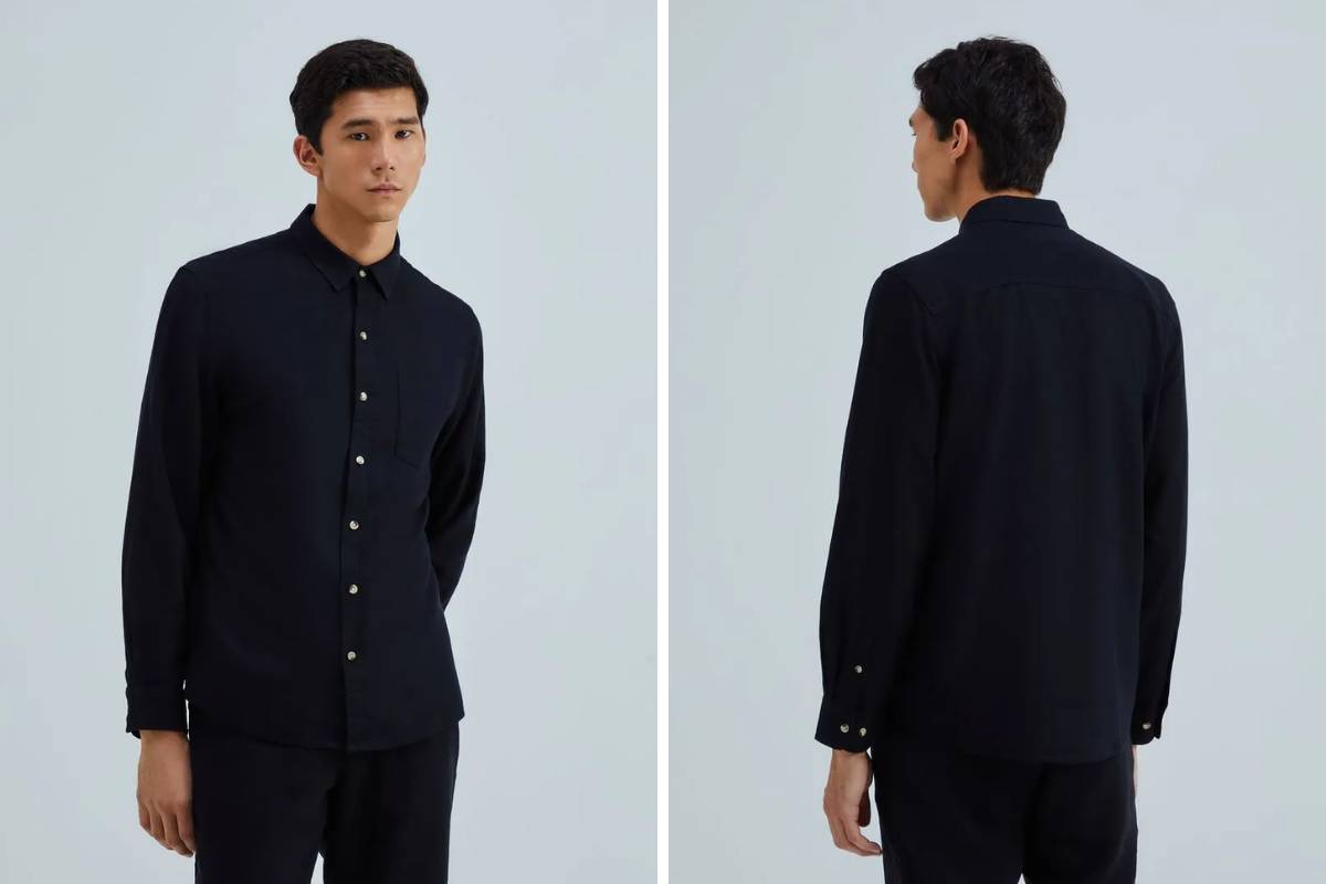 Camisa Básica Masculina Manga Longa Slim Em Linho - Preto