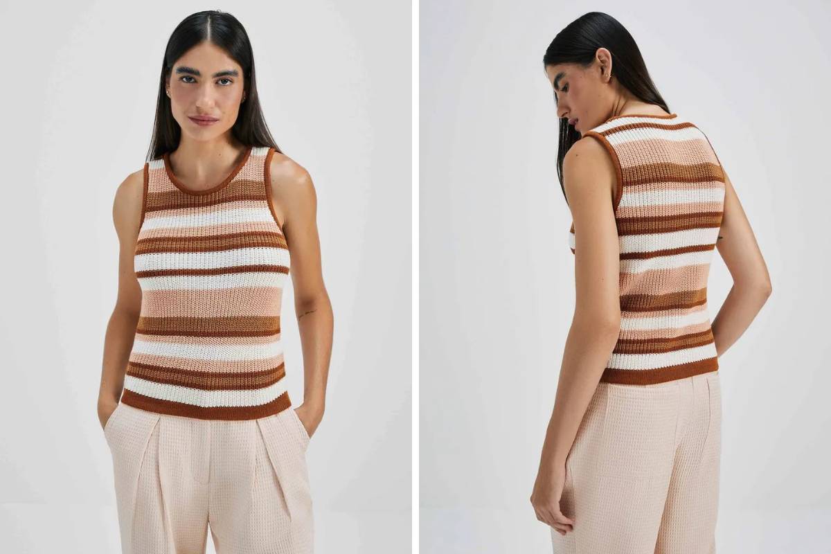 Regata Feminina Listrada Em Tricô - Marrom