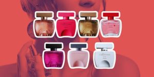 Montagem com uma mulher se perfumando ao fundo e os perfumes femininos da linha Coffee do Boticário enfileirados à frente