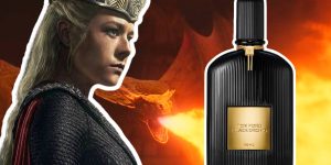 A personagem Rhaenyra Targaryen à esquerda, com um fundo mostrando um dragão da série cuspindo fogo. O perfume Black Orchid, de Tom Ford, está à direita.