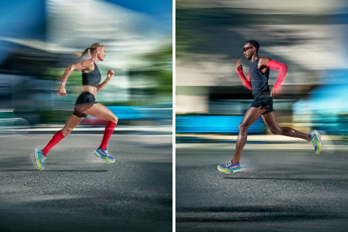 Dois corredores, uma mulher e um homem, correndo com o novo tênis Cielo X1 da HOKA