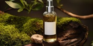 Um frasco de perfume em cima de um tronco de árvore