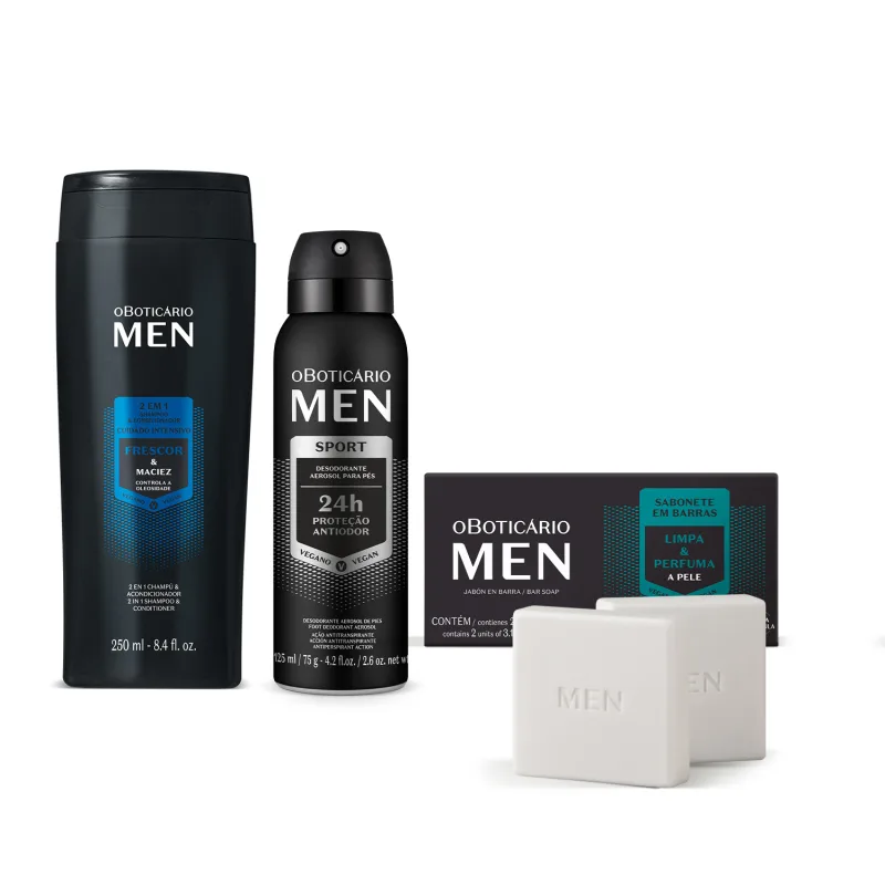 Combo MEN Shampoo 2 em 1 250ml + Sabonete em Barra 2x90g + Desodorante Para Pés 125ml