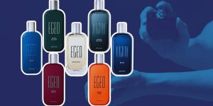 Montagem mostra um homem se perfumando ao fundo e frascos de diversos perfumes Egeo à frente