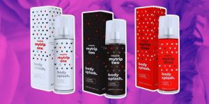 Montagem mostra os três body splashes MyTrip da Wepink em destaque sobre um fundo rosa