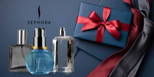 Montagem com frascos de perfumes, elementos que remetem ao Dia dos Pais, e a logomarca da Sephora