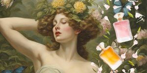 Montagem mostra uma ninfa na floresta; ao seu lado, frascos de perfumes