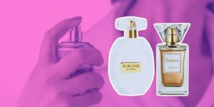 Montagem com mulher passando perfume em si mesma e dois frascos de perfumes femininos em destaque