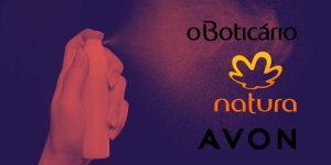 Montagem com um spray sendo acionado por uma mão feminina e logomarcas de Boticário, Natura e Avon