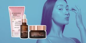 Montagem com produtos Botik linha de skincare do Boticário em destaque