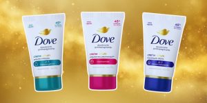 Montagem com um frasco de cada desodorante creme sérum da Dove