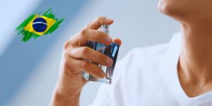 Montagem com um homem passando perfume e o desenho de uma bandeira do Brasil ao lado
